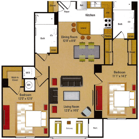 Floor plan for 2 beds, 2 baths, 1111 sqft